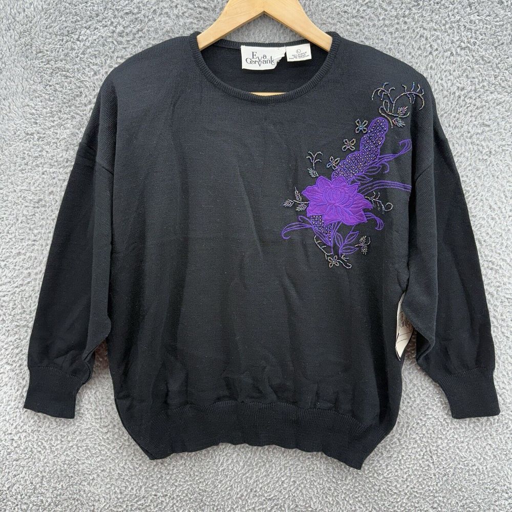 Eva Cervantes Sweater Womens Size L Black Floral Embroidery Crew Neck Beaded NWT